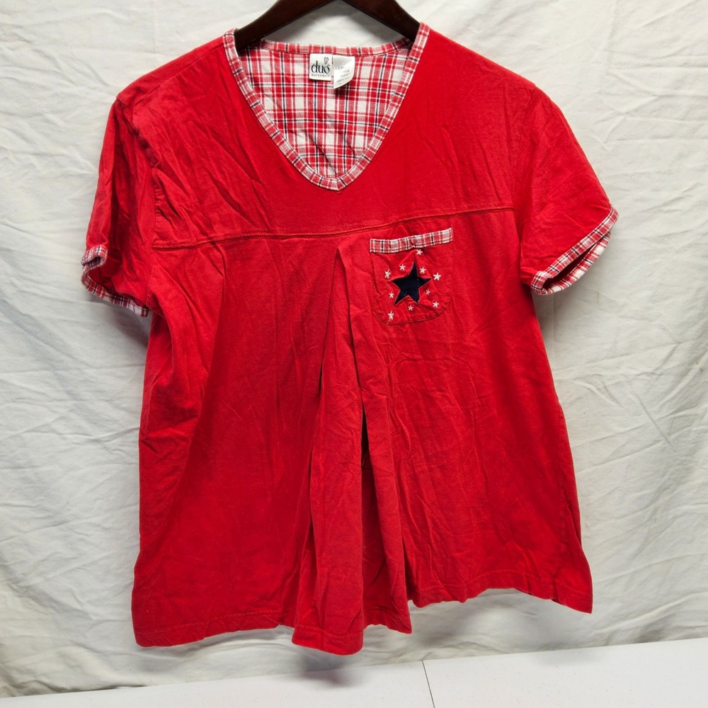 Duo Maternity Nursing T-Shirt Women Large Red Star Plaid Trim Cotton V-Neck